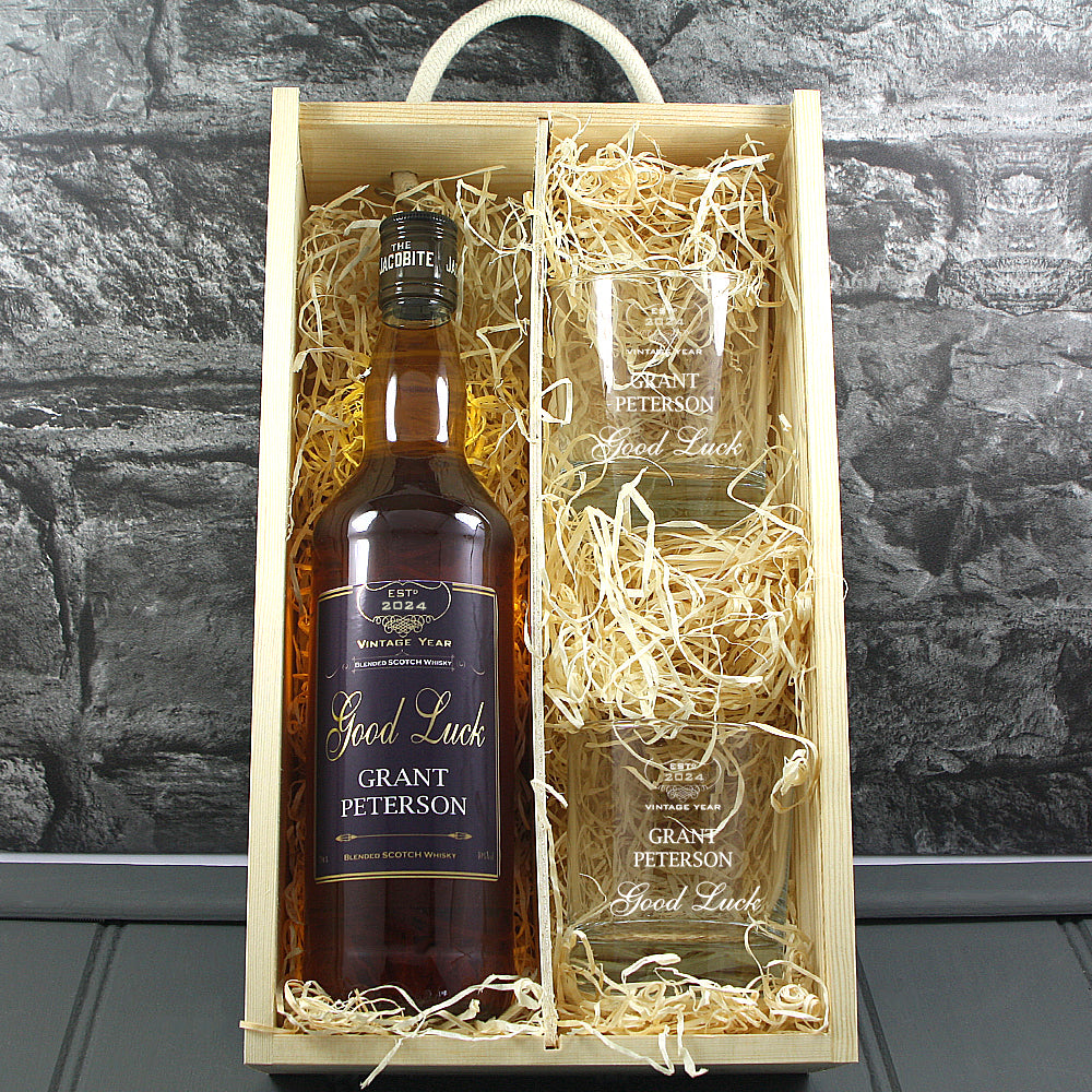 Good Luck Single Bottle With A Printed Label, Lasered Wooden Box And 2 Whisky Tumblers