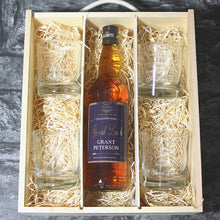 Load image into Gallery viewer, Good Luck Single Bottle With A Printed Label, Lasered Wooden Box And 4 Whisky Tumblers
