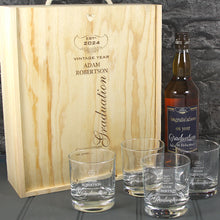 Load image into Gallery viewer, Graduation Single Bottle With A Printed Label, Lasered Wooden Box And 4 Whisky Tumblers
