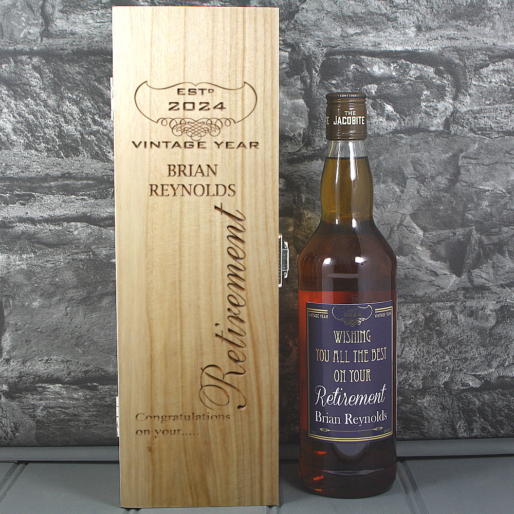 Retirement Single Wooden Box and Personalised Whisky Bottle