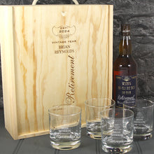 Load image into Gallery viewer, Retirement Single Bottle With A Printed Label, Lasered Wooden Box And 4 Whisky Tumblers
