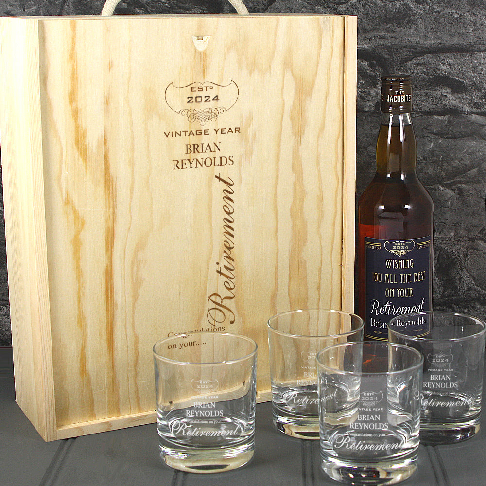 Retirement Single Bottle With A Printed Label, Lasered Wooden Box And 4 Whisky Tumblers
