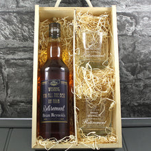 Load image into Gallery viewer, Retirement Single Bottle With A Printed Label, Lasered Wooden Box And 2 Whisky Tumblers

