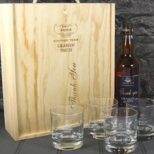 Load image into Gallery viewer, Thank You Single Bottle With A Printed Label, Lasered Wooden Box And 4 Whisky Tumblers
