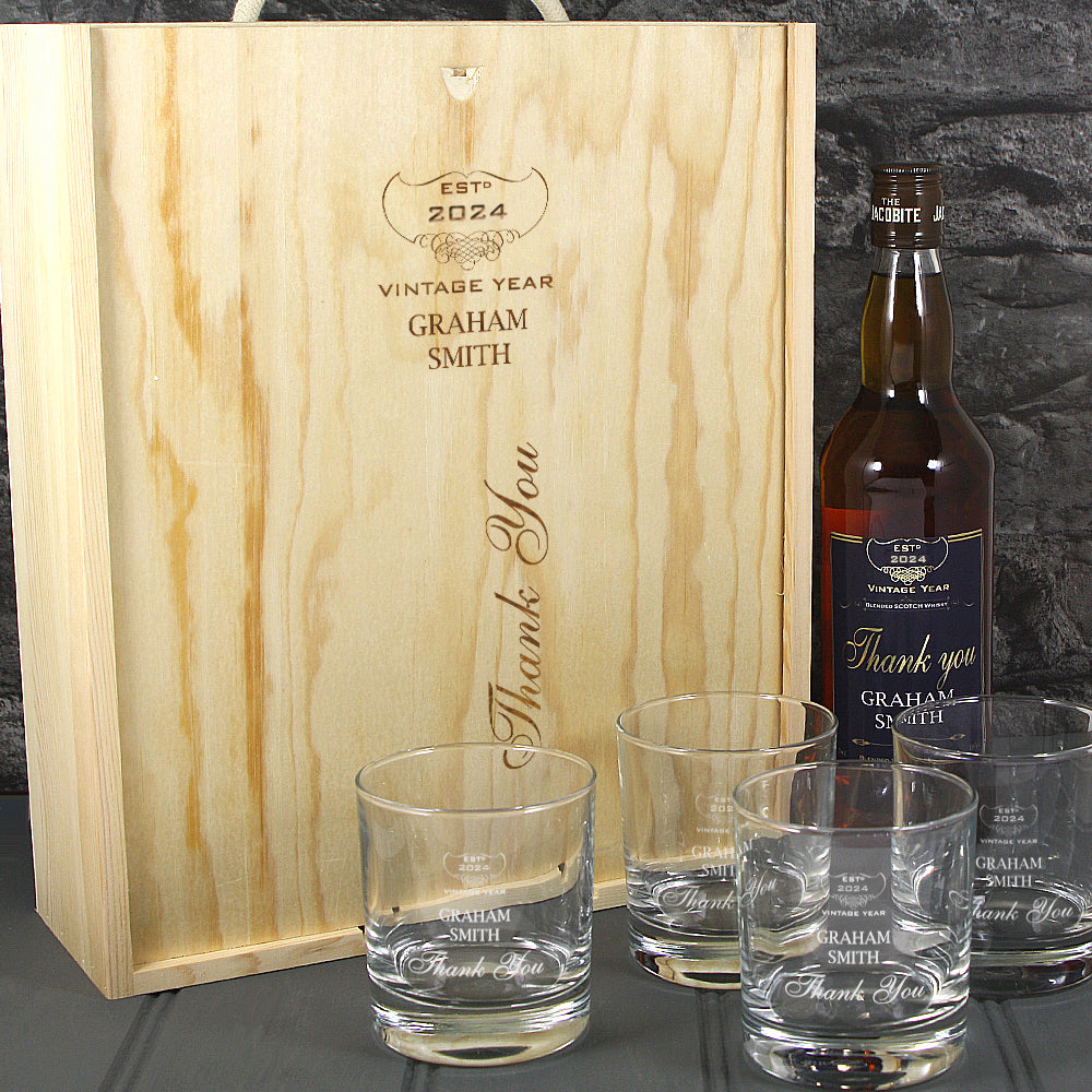 Thank You Single Bottle With A Printed Label, Lasered Wooden Box And 4 Whisky Tumblers