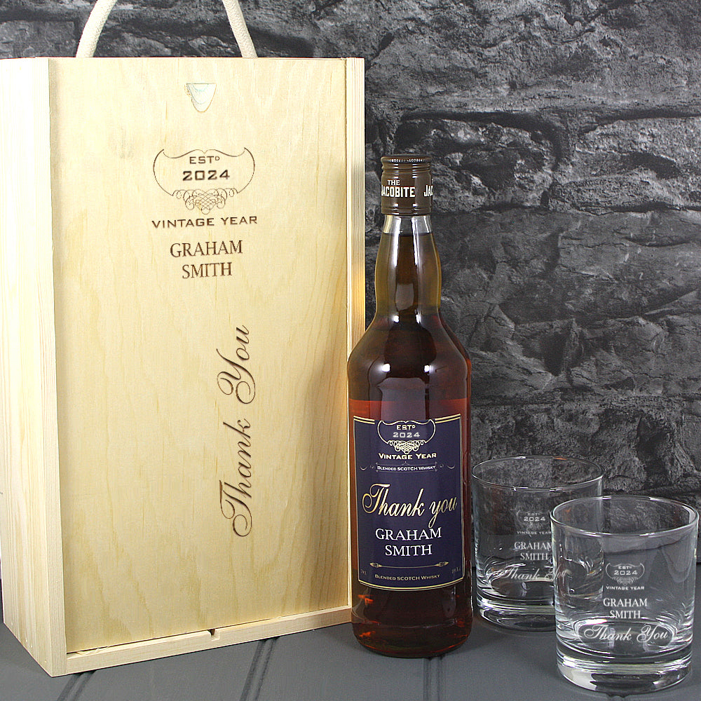 Thank You Single Bottle With A Printed Label, Lasered Wooden Box And 2 Whisky Tumblers