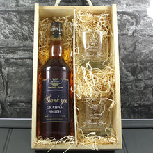 Load image into Gallery viewer, Thank You Single Bottle With A Printed Label, Lasered Wooden Box And 2 Whisky Tumblers
