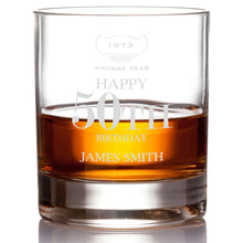 Load image into Gallery viewer, Happy 50th Birthday Single Bottle With A Printed Label, Lasered Wooden Box And 4 Whisky Tumblers
