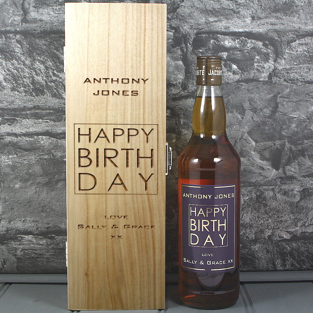 Happy Birthday Single Wooden Box and Personalised Whisky Bottle
