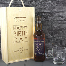 Load image into Gallery viewer, Happy Birthday Single Bottle With A Printed Label, Lasered Wooden Box And 2 Whisky Tumblers
