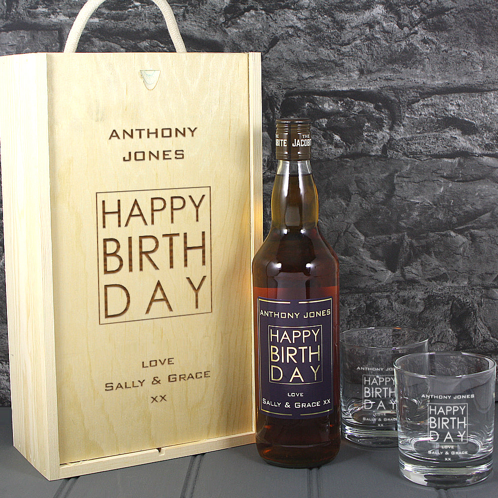 Happy Birthday Single Bottle With A Printed Label, Lasered Wooden Box And 2 Whisky Tumblers