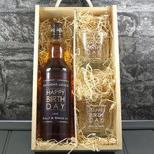 Load image into Gallery viewer, Happy Birthday Single Bottle With A Printed Label, Lasered Wooden Box And 2 Whisky Tumblers
