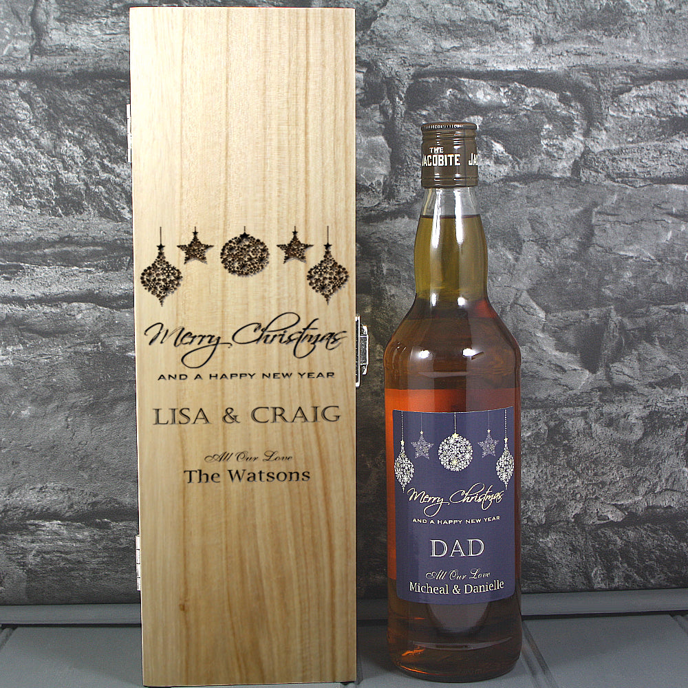 Merry Christmas Single Wooden Box and Personalised Whisky Bottle