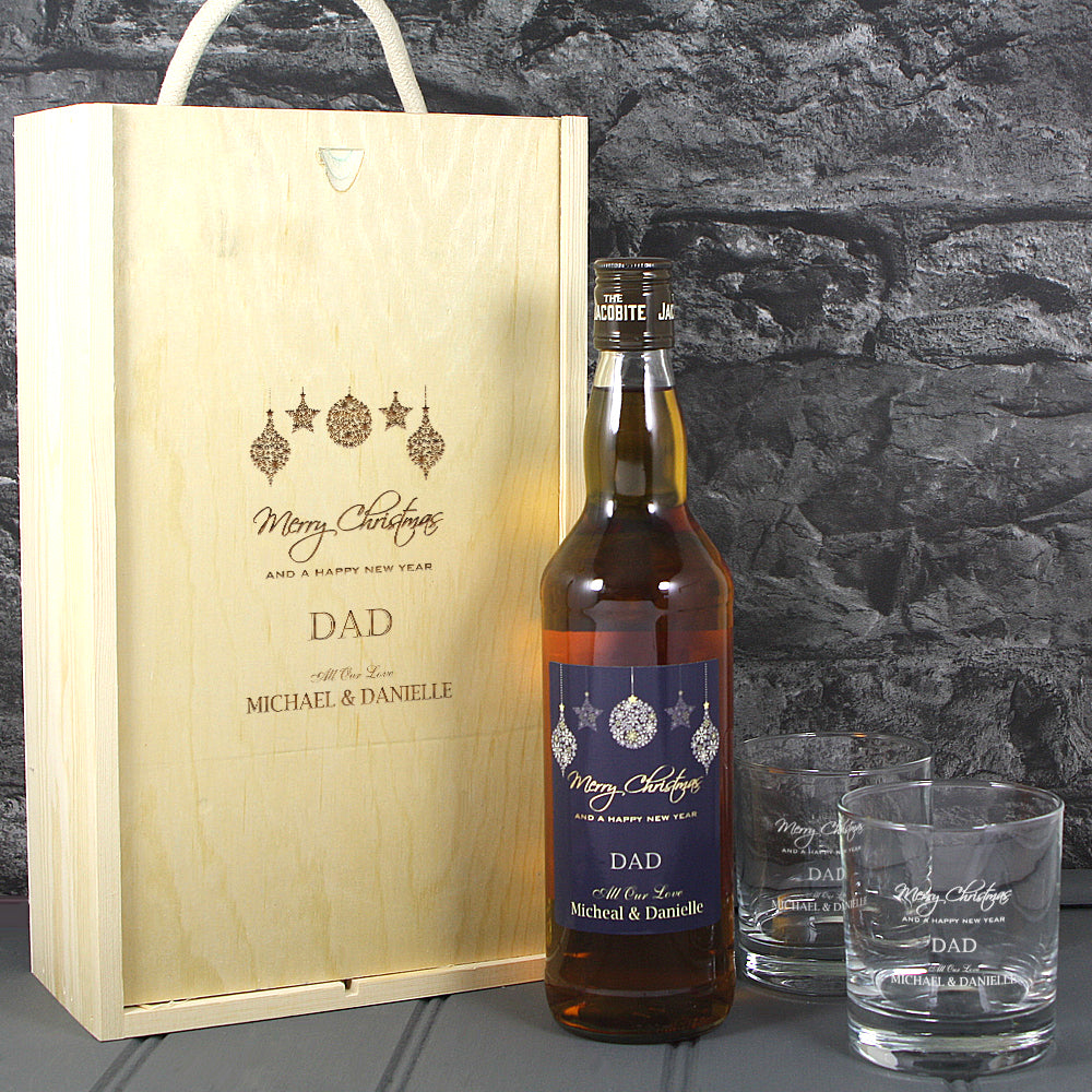 Merry Christmas Single Bottle With A Printed Label, Lasered Wooden Box And 2 Whisky Tumblers
