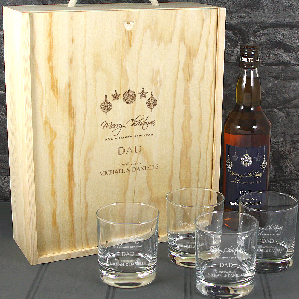 Merry Christmas Single Bottle With A Printed Label, Lasered Wooden Box And 4 Whisky Tumblers