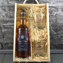 Load image into Gallery viewer, Merry Christmas Single Bottle With A Printed Label, Lasered Wooden Box And 2 Whisky Tumblers

