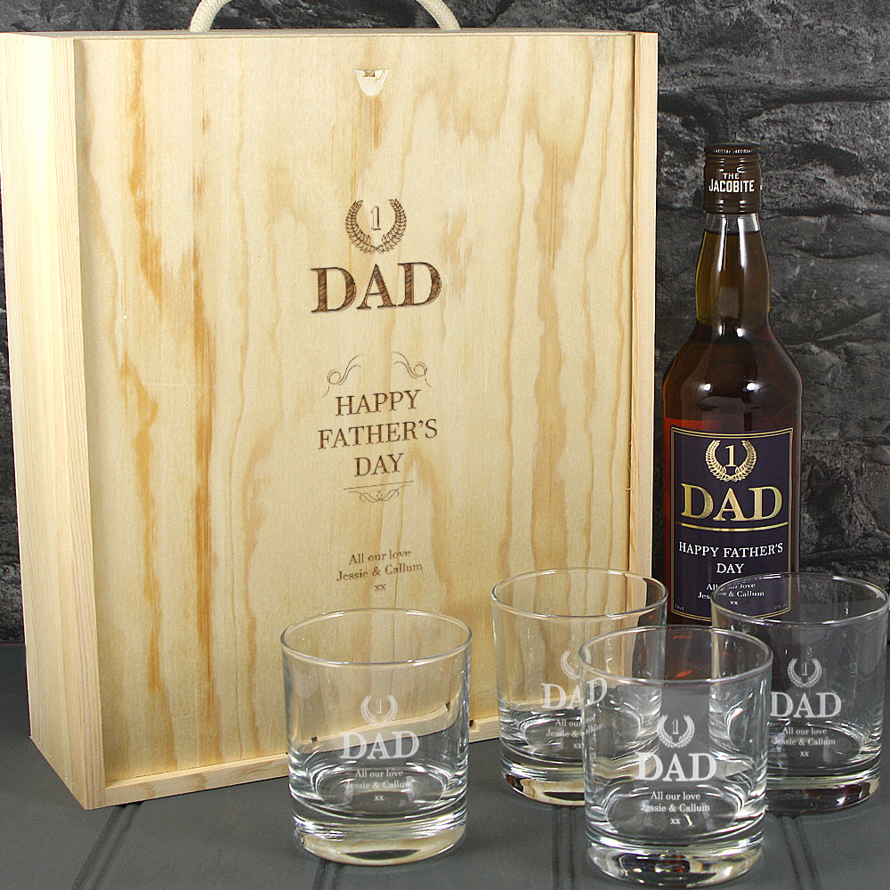 Fathers Day Single Bottle With A Printed Label, Lasered Wooden Box And 4 Whisky Tumblers