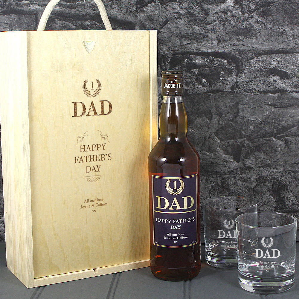 Fathers Day Single Bottle With A Printed Label, Lasered Wooden Box And 2 Whisky Tumblers