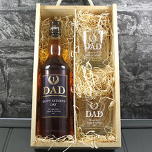 Load image into Gallery viewer, Fathers Day Single Bottle With A Printed Label, Lasered Wooden Box And 2 Whisky Tumblers
