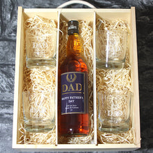 Load image into Gallery viewer, Fathers Day Single Bottle With A Printed Label, Lasered Wooden Box And 4 Whisky Tumblers
