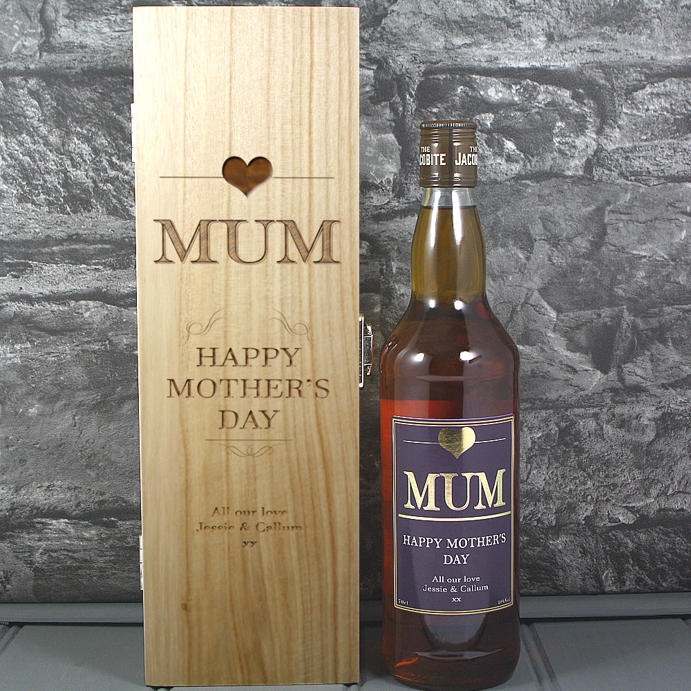 Mothers Day Single Wooden Box and Personalised Whisky Bottle