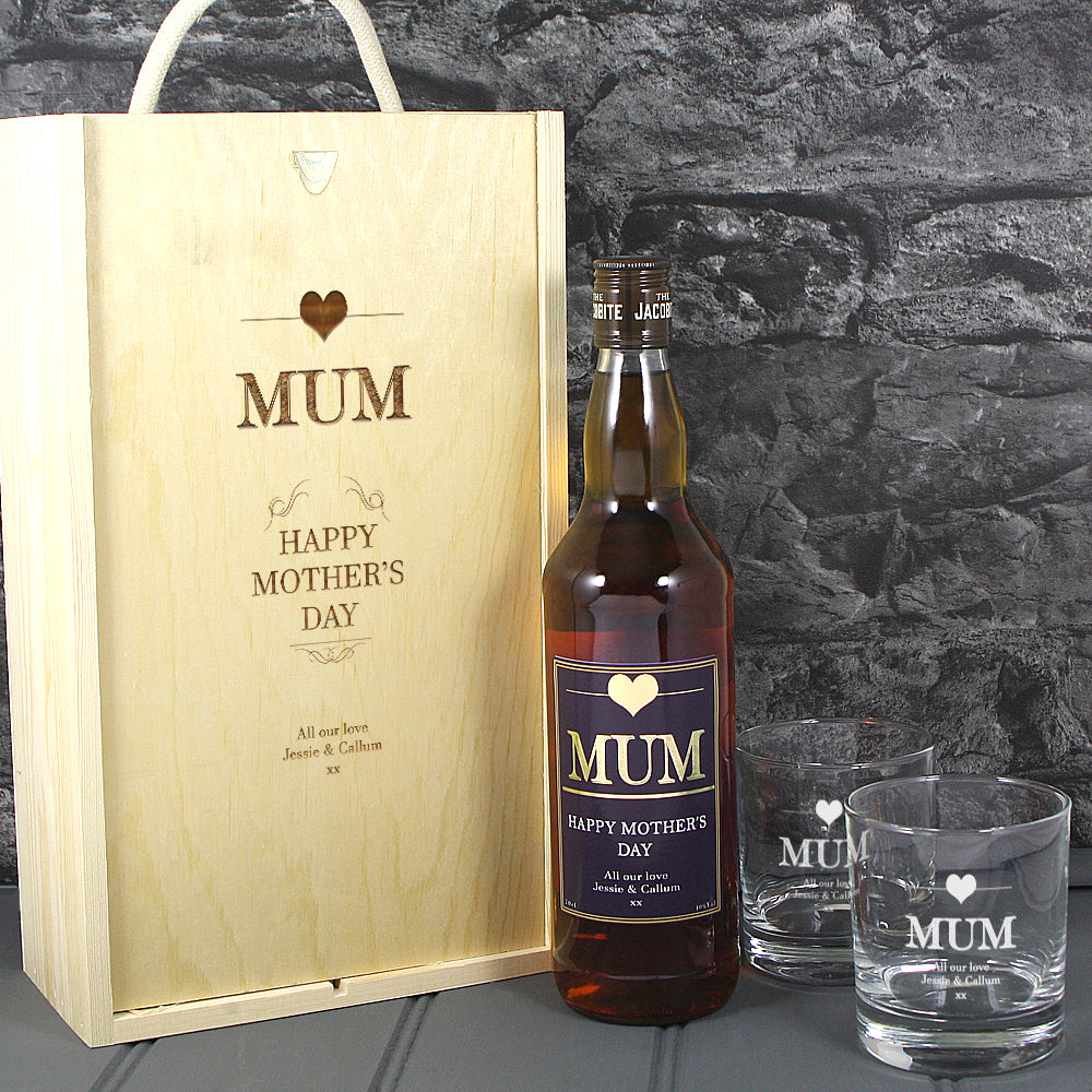Mothers Day Single Bottle With A Printed Label, Lasered Wooden Box And 2 Whisky Tumblers
