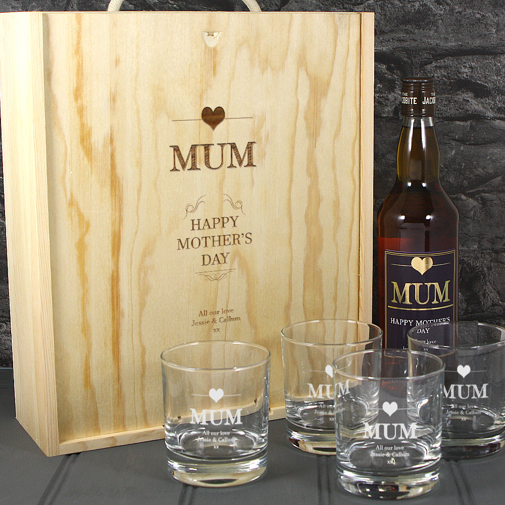 Mothers Day Single Bottle With A Printed Label, Lasered Wooden Box And 4 Whisky Tumblers
