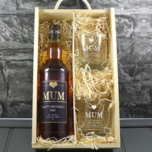 Load image into Gallery viewer, Mothers Day Single Bottle With A Printed Label, Lasered Wooden Box And 2 Whisky Tumblers
