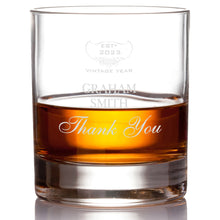 Load image into Gallery viewer, Thank You Single Bottle With A Printed Label, Lasered Wooden Box And 4 Whisky Tumblers
